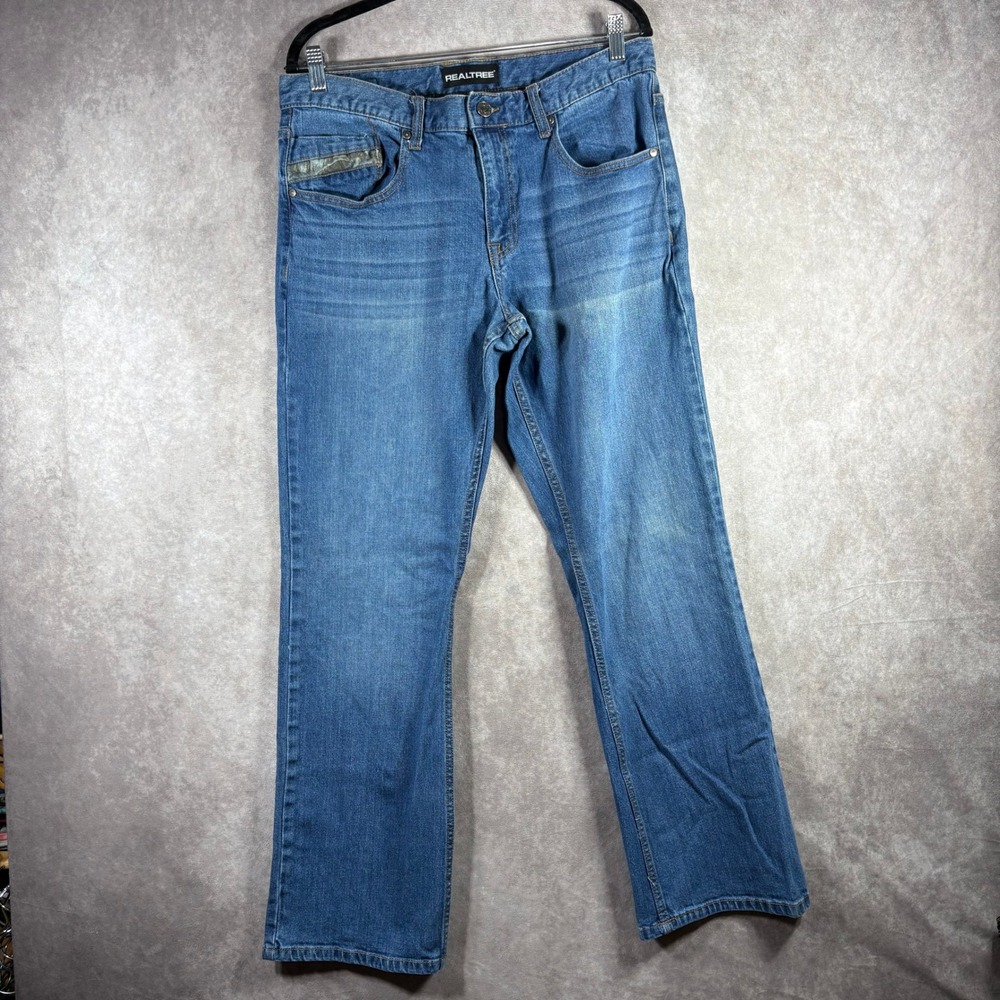 Realtree Jeans Mens Size 34x32 Blue Denim Straight Leg Camo Trim Stretch Outdoor